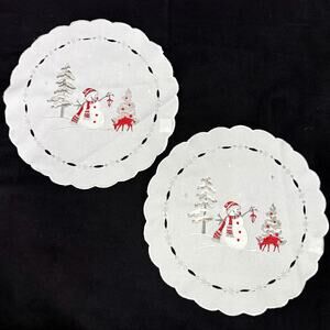 Set 2 Embroidered Christmas Doilies Snowman Deer 15” Round Snowmen Table Mats